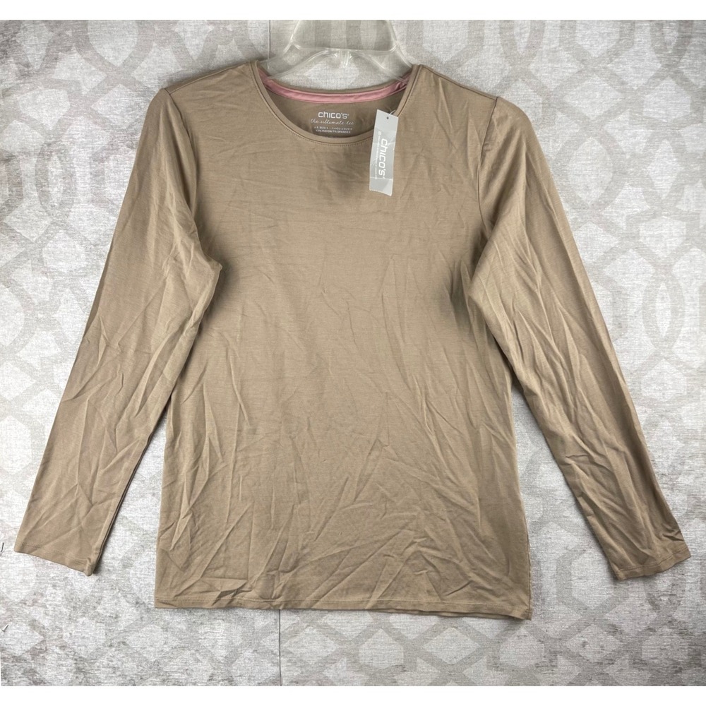 Chico's The Ultimate Tee Women Size 0 S Tan NWT Long Sleeve Rayon Spandex Top